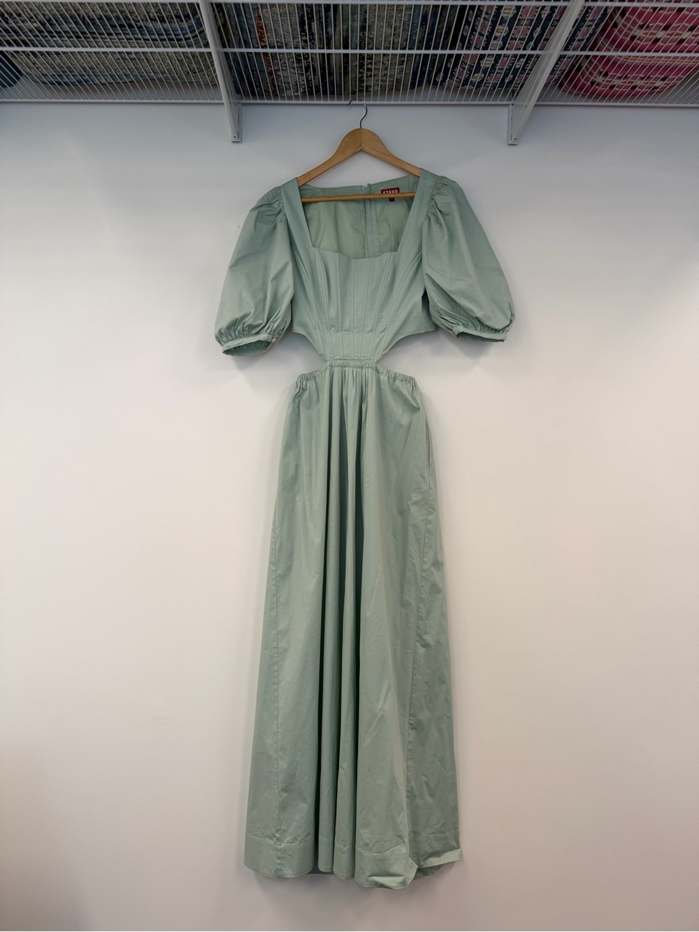 STAUD Astro Dress Sage Green Puff-Sleeve Maxi Dress